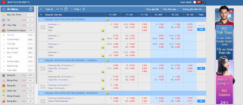 Thể thao Kubet: Đặt cược chiến thắng lên đến tiền tỷ 5 Một số kèo cược phổ biến ở sảnh thể thao tại Kubet